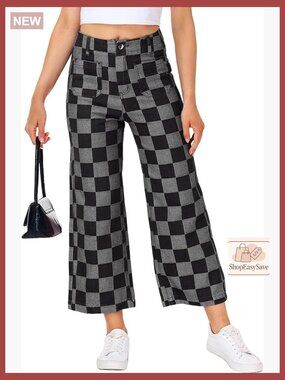 Checkered Cropped Jeans Straight Leg High Waist Stretchy Denim Pants Y2K